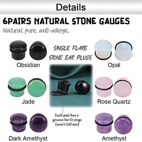 PunkTracker 6Pairs 4g-11/16” Multiple Stone Single Flared Ear Plugs with Silicone O-Ring Expander Gauges - Image 3