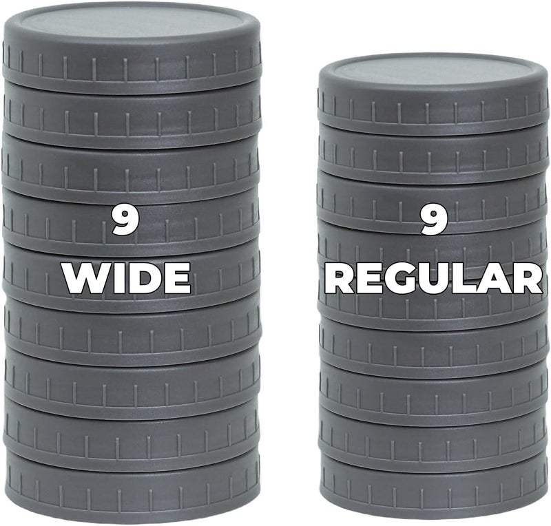 Bedgeta 18 Pack 9 Wide Mouth & 9 Regular Mouth Mason Jar Lids with Silicone Rings,Thickened Leak-proof Lids Fit Ball,Kerr and More, 86mm & 70mm Plastic(Grey) - Image 1