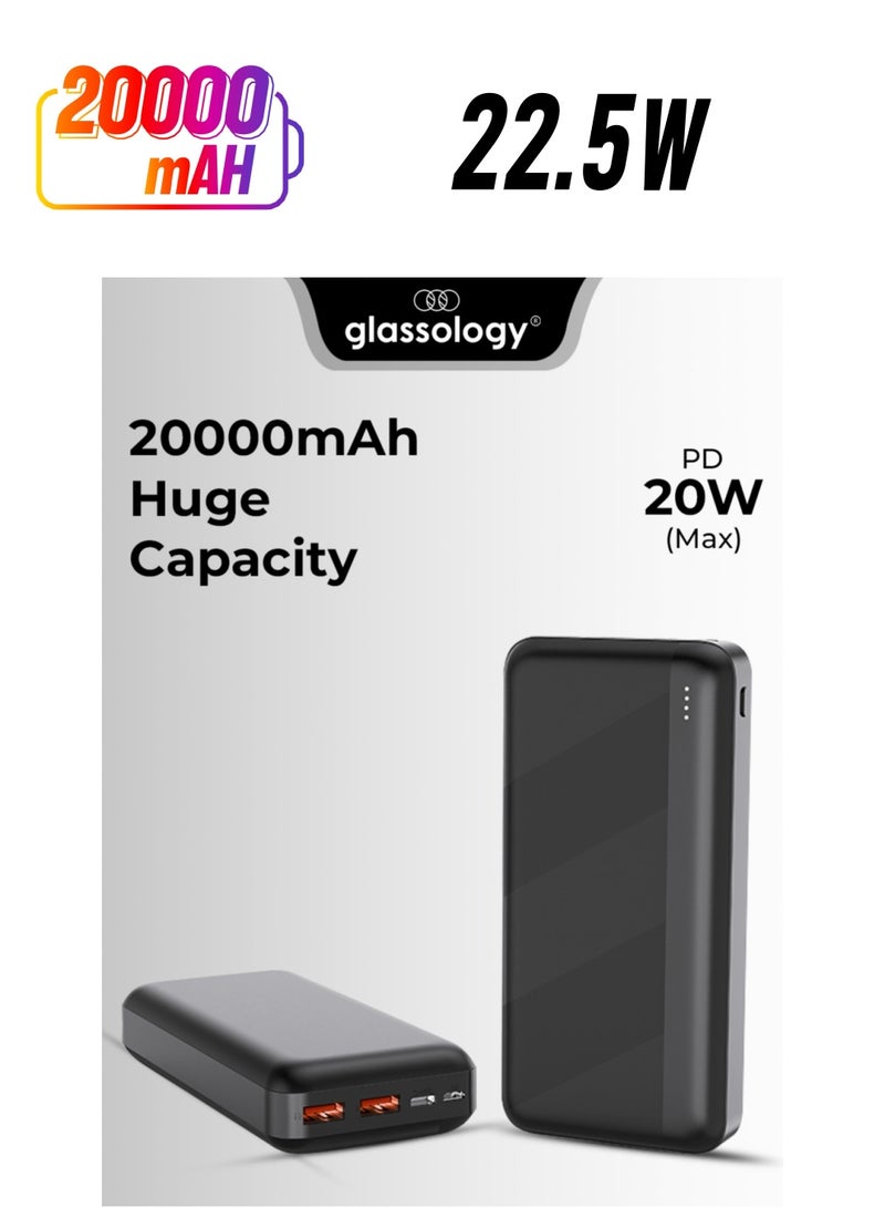 glassology باور بانك محمول بقوة 20000 مللي أمبير في الساعة بقدرة 22.5 واط وشحن سريع مع USB C ومنافذ A مزدوجة لشحن iPhone وAndroid وAirPods وiPad والمزيد باللون الأسود الأنيق - Image 1