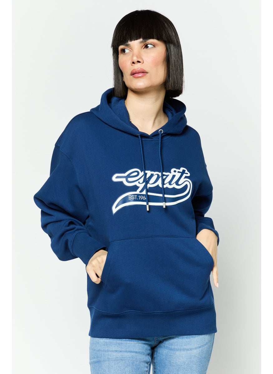 ESPRIT Women Hooded Brand Logo Long Sleeves Sweatshirt, Navy Blue  - Image 1