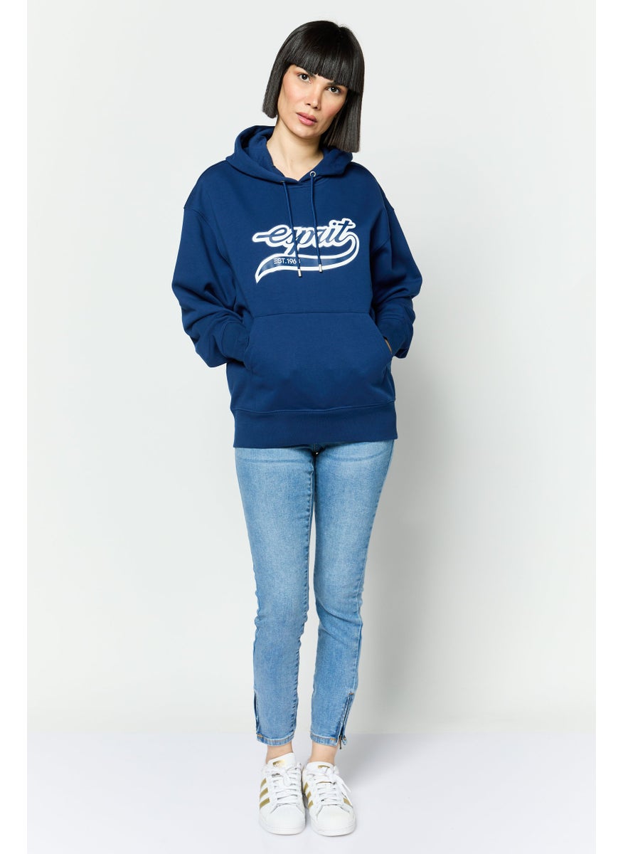 ESPRIT Women Hooded Brand Logo Long Sleeves Sweatshirt, Navy Blue  - Image 4