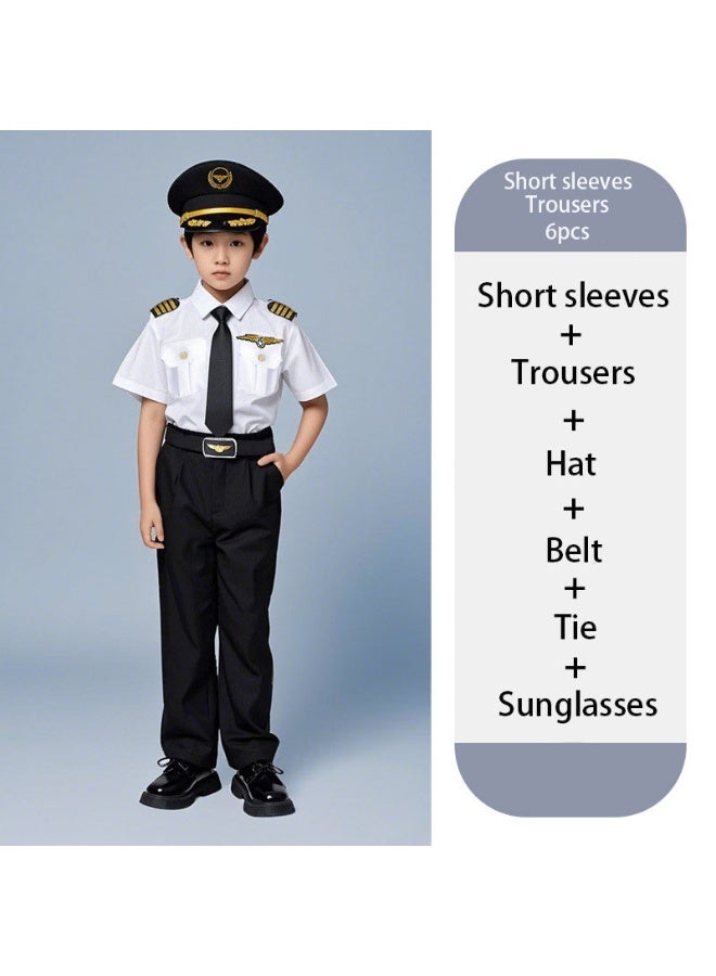 Kids Pilot Captain Cosplay Costume Set , Children's Airline Steward Air Force Role Play Uniform ,Includes Short Sleeve Shirt, Pants, Hat, Belt and Sunglasses, Career Day Outfit for Kids , For Birthday Party, Stage Show, Themed Party, Talent Show, Masquerade ,Best Gift For Boys
