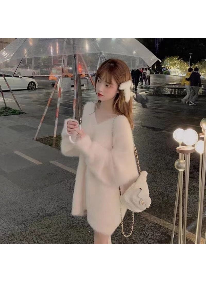 Generic - Autumn Winter Womens Long V-neck Knitted Sweater Soft Mink Imitation Loose Fit Comfortable Medium-length Retro Style Top Wine red - Image 1
