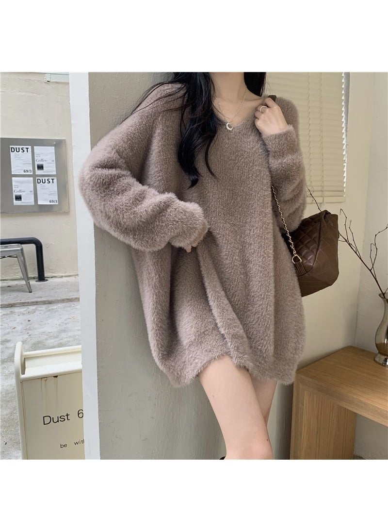 Generic - Autumn Winter Womens Long V-neck Knitted Sweater Soft Mink Imitation Loose Fit Comfortable Medium-length Retro Style Top Wine red - Image 1