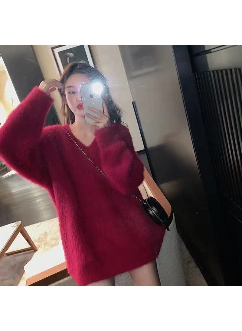 Generic - Autumn Winter Womens Long V-neck Knitted Sweater Soft Mink Imitation Loose Fit Comfortable Medium-length Retro Style Top Wine red - Image 1