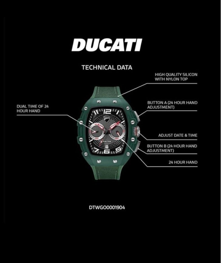 Ducati DT013 Black Grey Dial Green Silicone-Nylon Strap Multifunction Watch for Men - Image 5