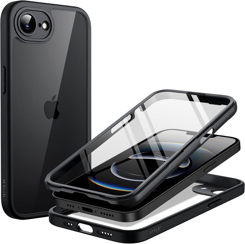 Jetech Case for iPhone 17e (2026) / iPhone 16e with Built-in Tempered Glass Screen Protector, 360 Degree Full Body Shockproof Phone Cover, Heavy Duty Protection Clear Back (Black) - Image 1