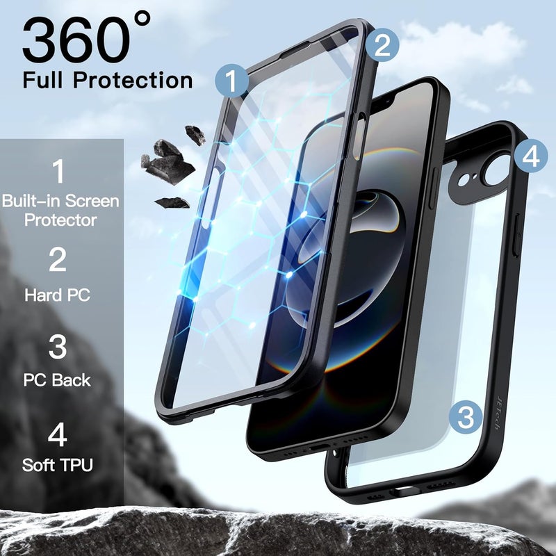 Jetech Case for iPhone 17e (2026) / iPhone 16e with Built-in Tempered Glass Screen Protector, 360 Degree Full Body Shockproof Phone Cover, Heavy Duty Protection Clear Back (Black) - Image 3