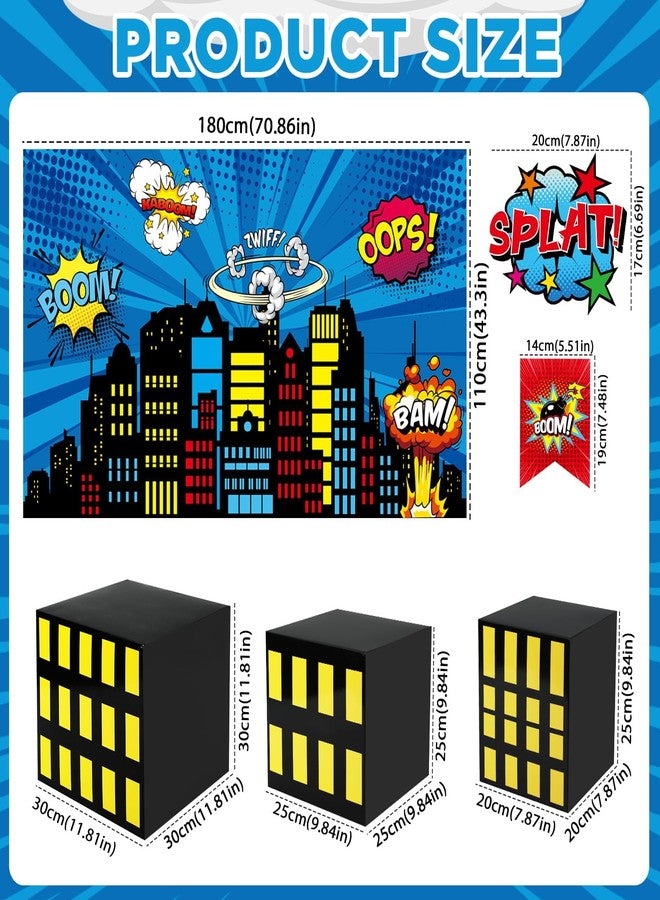 CHUNNIN 17Pcs Super Theme Hero Party Photography Backdrop for Hero Birthday Decorations with Hero Background Skyscraper City Boxes Hero Cutouts Super Banner for Super Theme Hero Birthday Party Supplies - Image 2