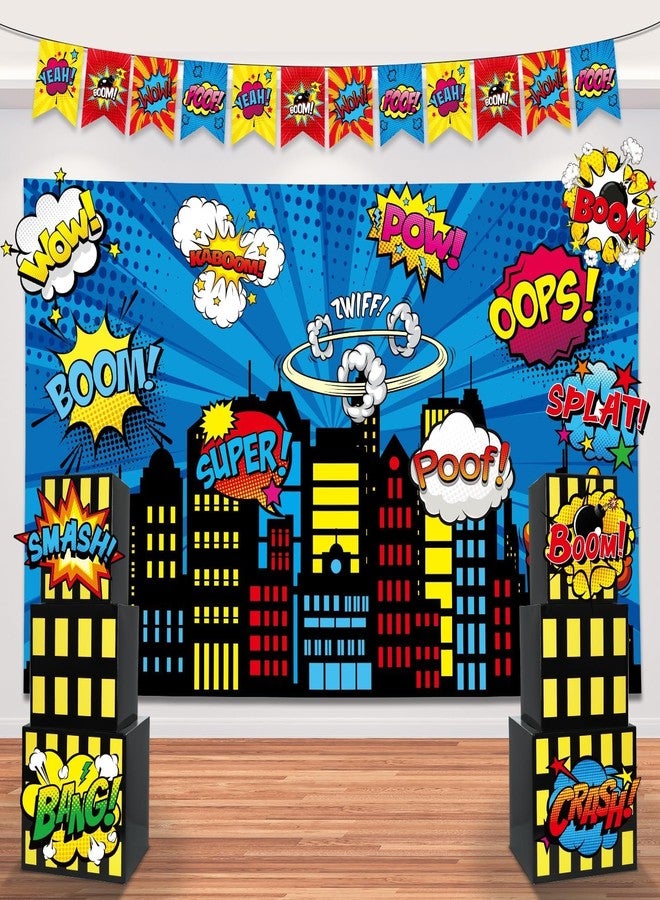 CHUNNIN 17Pcs Super Theme Hero Party Photography Backdrop for Hero Birthday Decorations with Hero Background Skyscraper City Boxes Hero Cutouts Super Banner for Super Theme Hero Birthday Party Supplies - Image 1