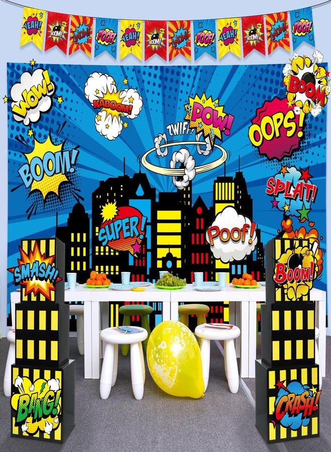CHUNNIN 17Pcs Super Theme Hero Party Photography Backdrop for Hero Birthday Decorations with Hero Background Skyscraper City Boxes Hero Cutouts Super Banner for Super Theme Hero Birthday Party Supplies - Image 5