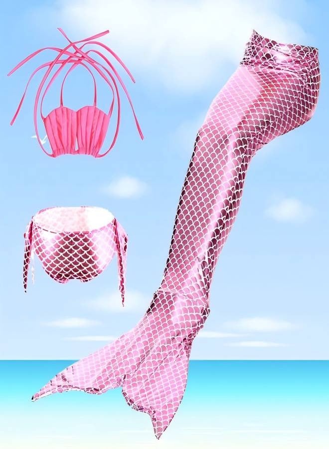 Loquat 3 pieces of Children's mermaid swimsuit, mermaid tail dress swimsuit princess bikini suit, with swim trunks and fish tail, suitable for a height of 120cm, pink - Image 2