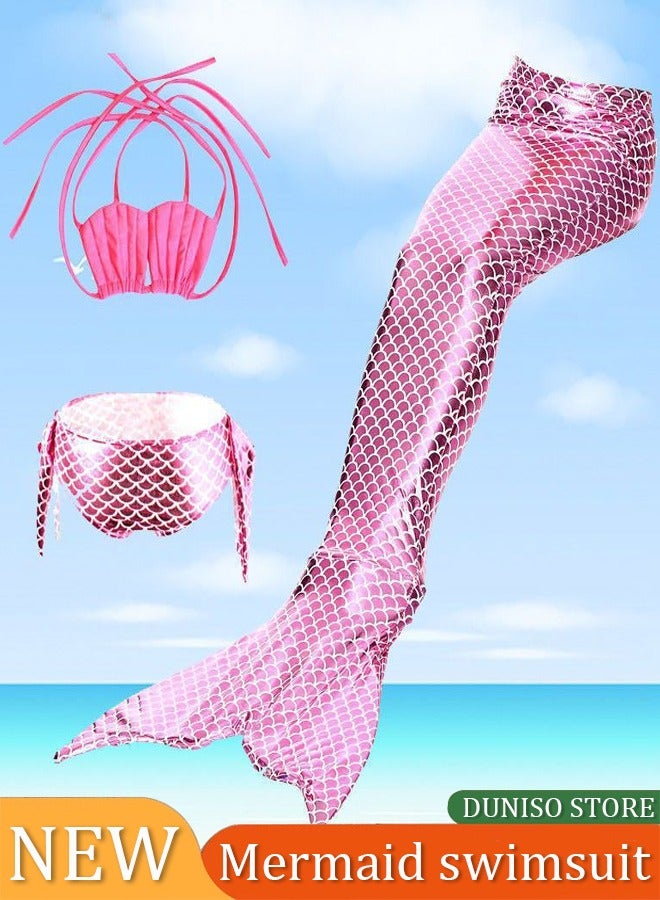 Loquat 3 pieces of Children's mermaid swimsuit, mermaid tail dress swimsuit princess bikini suit, with swim trunks and fish tail, suitable for a height of 120cm, pink - Image 1