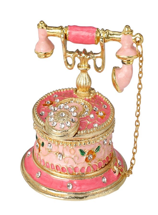 ELLDOO Mini Trinket Box, Hand Painted Telephone Style Hinged Jewelry Box Vintage Metal Enameled Decorative Box Ring Earrings Jewelry Organizer Gift Box for Women Girls, Pink - Image 1