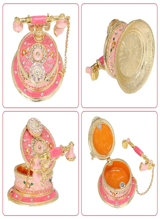ELLDOO Mini Trinket Box, Hand Painted Telephone Style Hinged Jewelry Box Vintage Metal Enameled Decorative Box Ring Earrings Jewelry Organizer Gift Box for Women Girls, Pink - Image 4