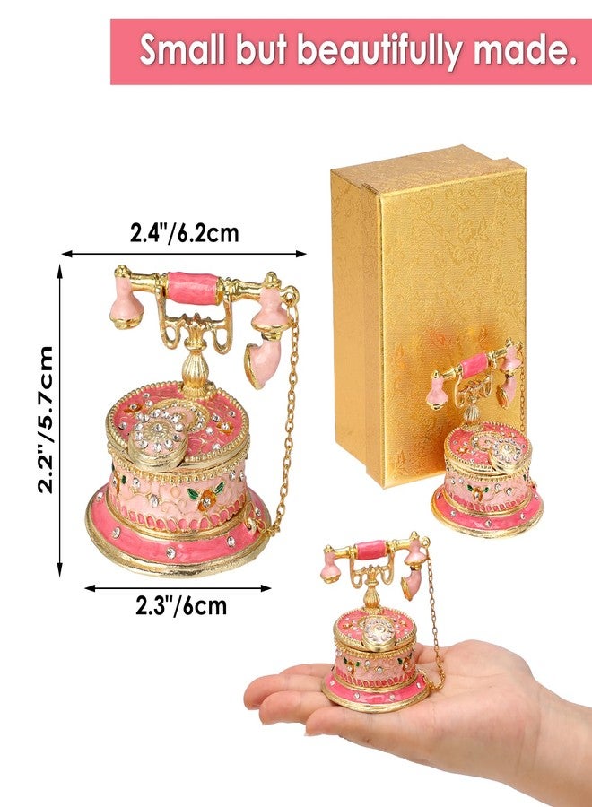 ELLDOO Mini Trinket Box, Hand Painted Telephone Style Hinged Jewelry Box Vintage Metal Enameled Decorative Box Ring Earrings Jewelry Organizer Gift Box for Women Girls, Pink - Image 3