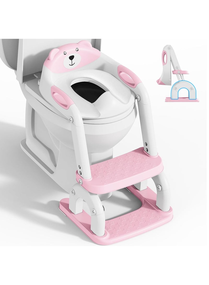 Taizz Ventures 2-in-1 Potty Training Seat with Step Ladder – Height Adjustable Toddler Toilet Seat with Stairs, Soft Cushion & Anti-Slip Design – Foldable Child Toilet Trainer for Boys & Girls - Pink  - Image 1