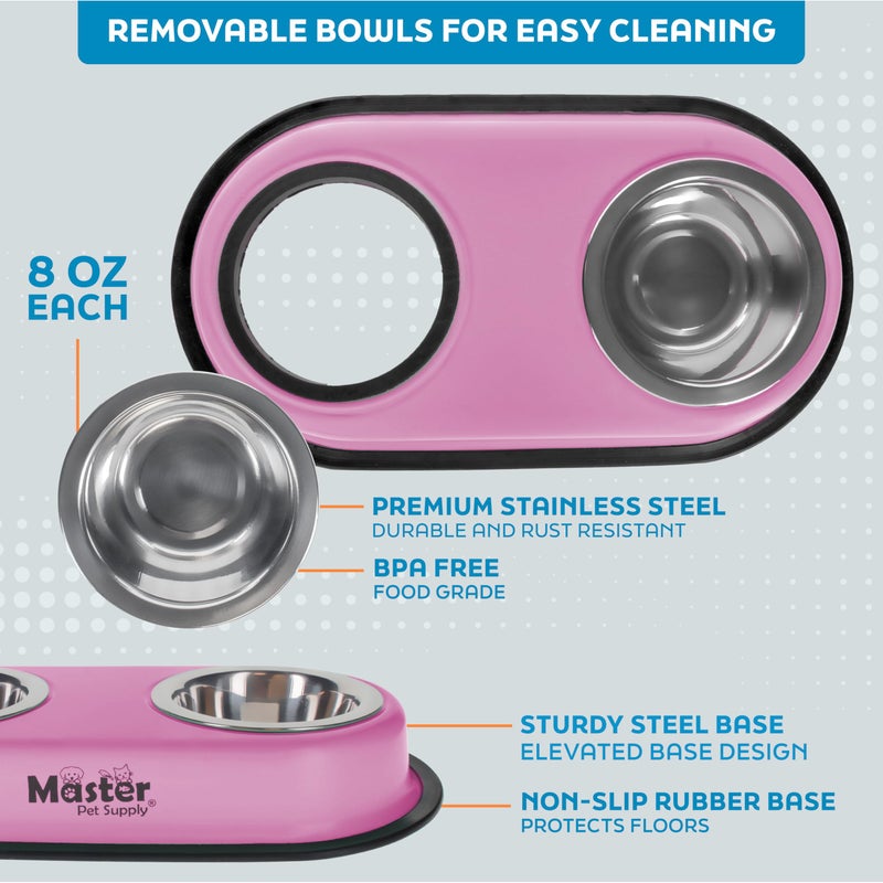 Master Pet Supply Double Dog Bowls Set with Elevated Base and 2 (8 oz) Stainless Steel Removable Dishes (Hyper Pink) â€“ Double Cat Food Water Bowl, Dog Puppy Food Bowl Set, Rust Resistant - Image 3