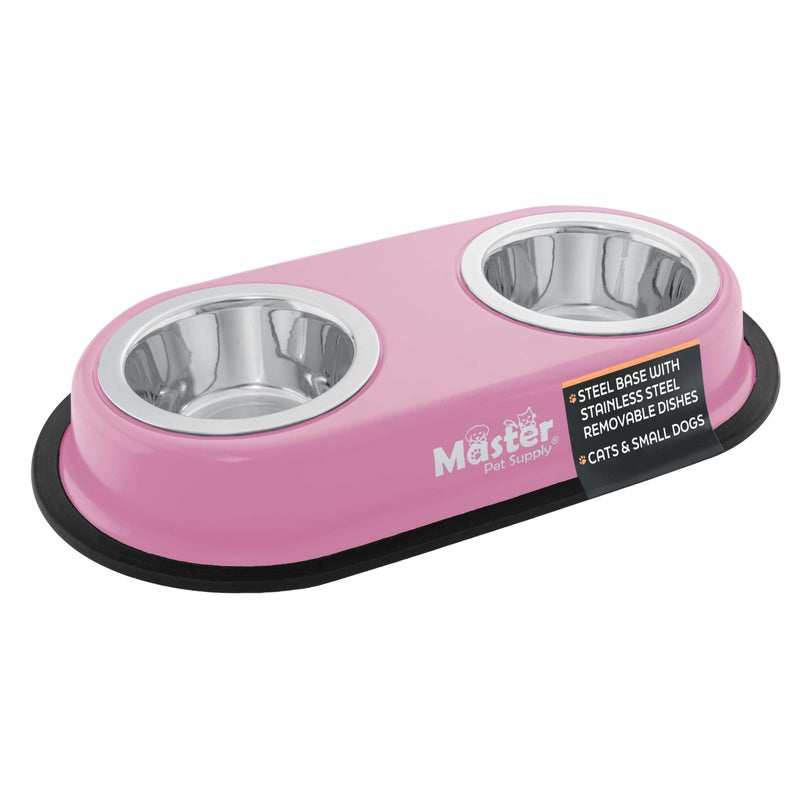 Master Pet Supply Double Dog Bowls Set with Elevated Base and 2 (8 oz) Stainless Steel Removable Dishes (Hyper Pink) â€“ Double Cat Food Water Bowl, Dog Puppy Food Bowl Set, Rust Resistant - Image 1