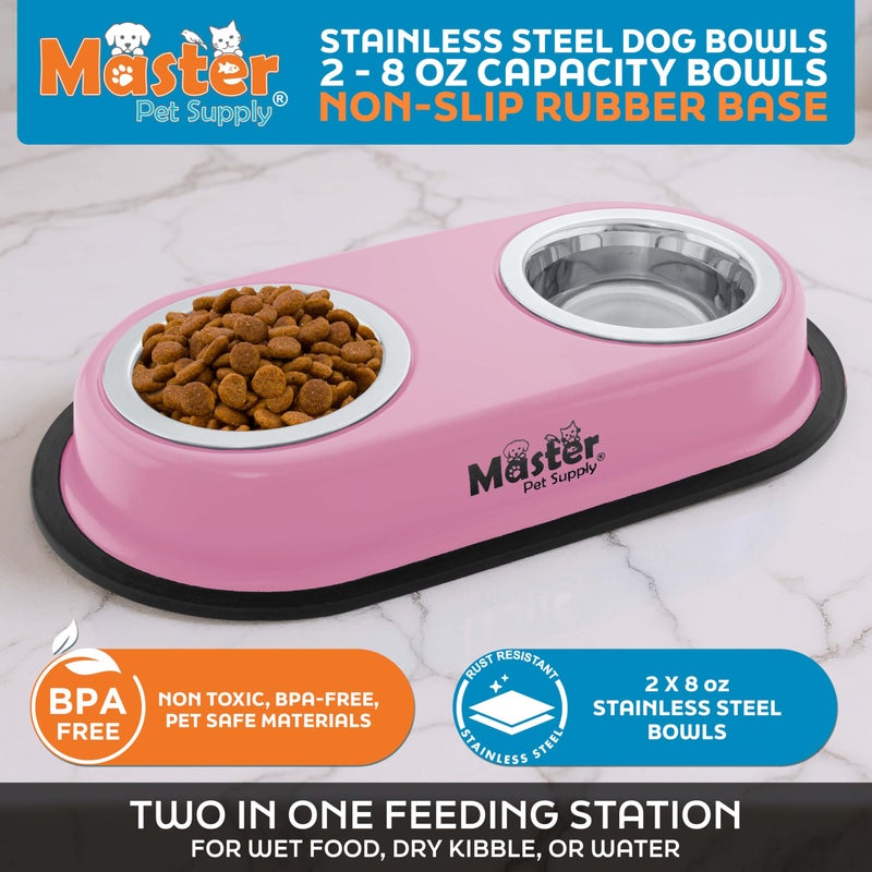 Master Pet Supply Double Dog Bowls Set with Elevated Base and 2 (8 oz) Stainless Steel Removable Dishes (Hyper Pink) â€“ Double Cat Food Water Bowl, Dog Puppy Food Bowl Set, Rust Resistant - Image 2