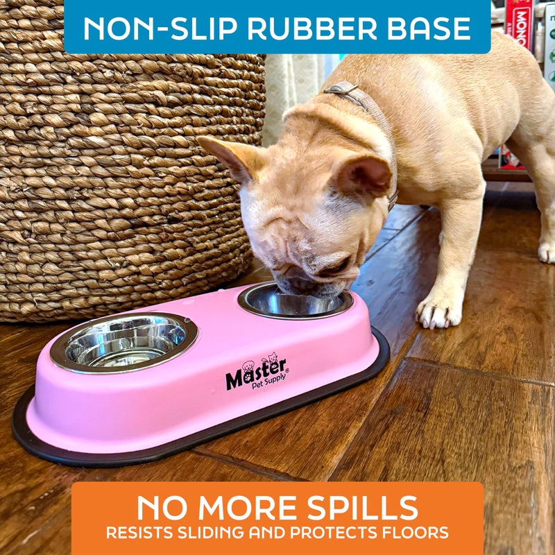 Master Pet Supply Double Dog Bowls Set with Elevated Base and 2 (8 oz) Stainless Steel Removable Dishes (Hyper Pink) â€“ Double Cat Food Water Bowl, Dog Puppy Food Bowl Set, Rust Resistant - Image 4