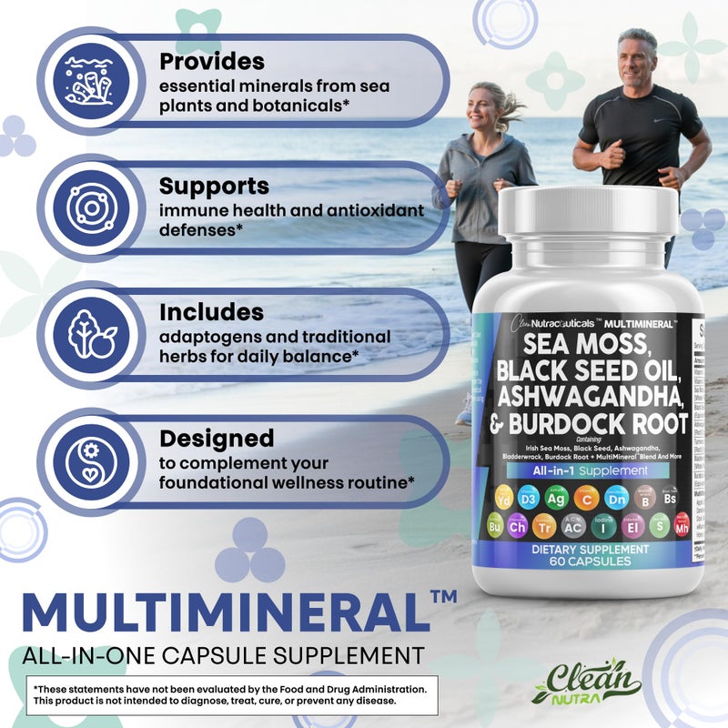 Clean Nutraceuticals Sea Moss Black Seed Oil Ashwagandha Turmeric Bladderwrack Burdock & Vitamin C Vitamin D3 with Elderberry Manuka Dandelion Yellow Dock Iodine Chlorophyll ACV - 2Pack - Image 4