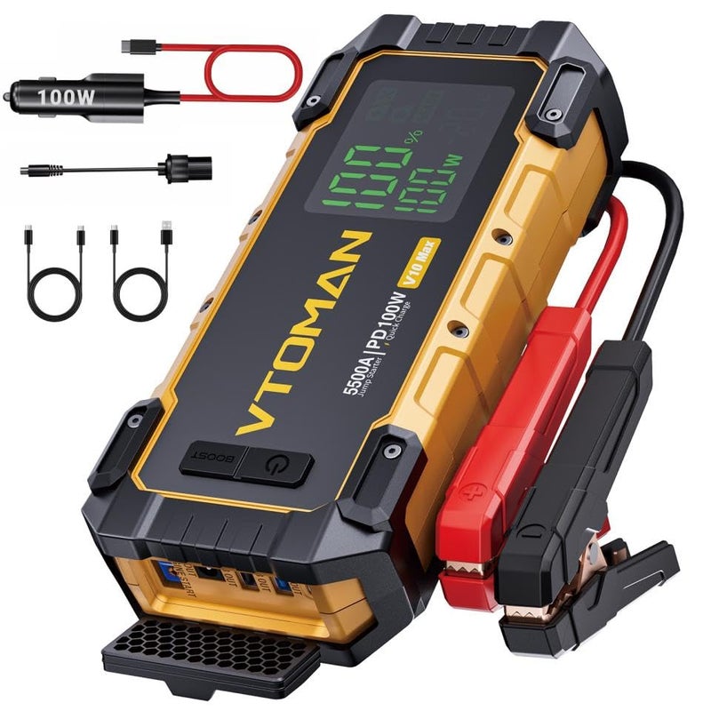 VTOMAN V10 ماكس 5500A جهاز بدء التشغيل مع شاحن سريع 100W USBC لبطارية السيارة محمول لجميع محركات البنزين أو 12L ديزل 12V حزمة تعزيز بدء التشغيل صندوق بدء التشغيل يأتي مع شاحن سيارة 100W