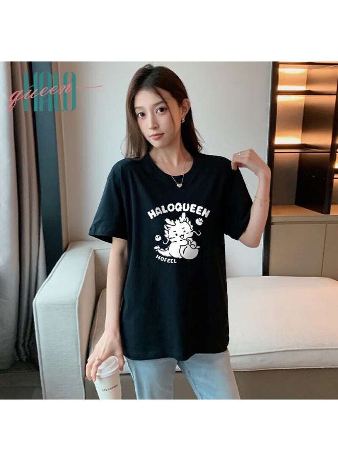 HALOQUEEN Halo Queen Women's Short-sleeve T-shirt, Summer Cool-feeling, Little Dragon Print, Loose-fitting, Slimming Top, H133t1568 - Image 1