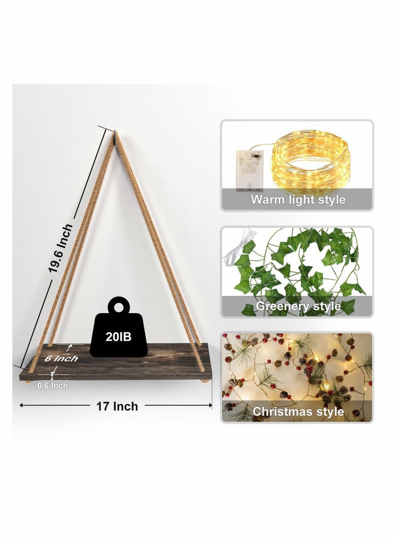 KASTWAVE مجموعة رفوف الحائط LED مصنوعة من اللبلاب الاصطناعي 2، رف النباتات المعلق، رف الحائط للم bedroom والحمام وغرفة المعيشة والمطبخ، رفوف النباتات المعلقة الخشبية لتزيين الحائط - Image 4