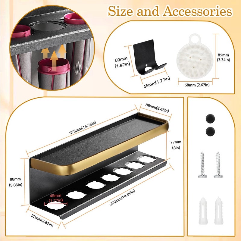 Yimerlen Straightener Holder Compatible with Dyson Airwrap Wall Mount Storage Rack for Curling Iron Attachments and Complete Styler (Gold/Black, with Air Cushion Comb) - Image 2