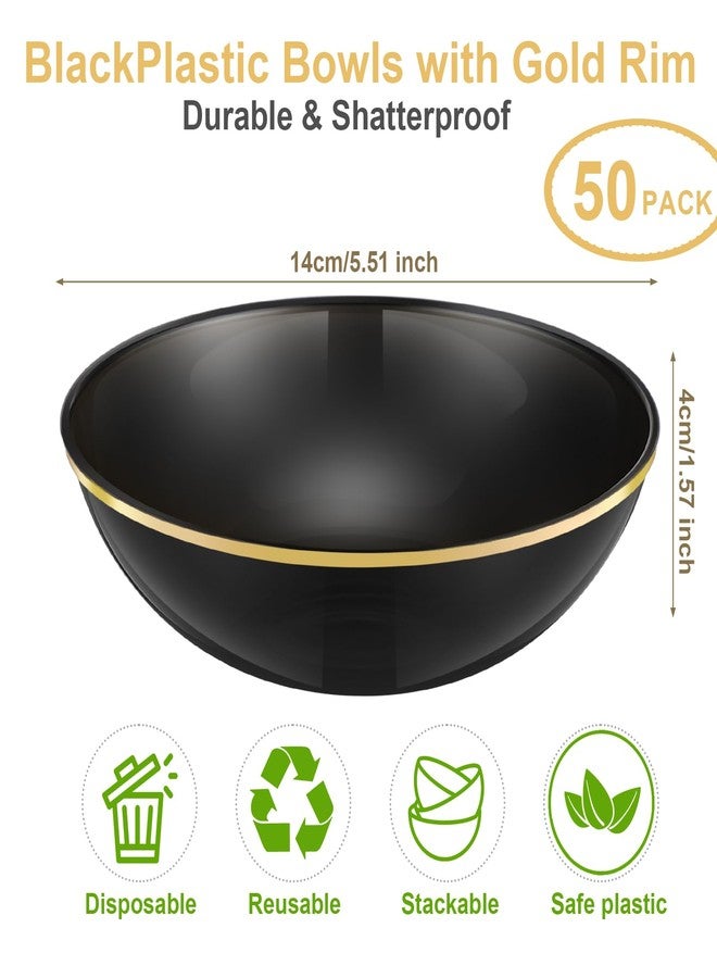 Newtay 50 Pcs Plastic Bowls Bulk 14oz Disposable Bowls with Gold Rim Plastic Party Tableware for Chips Salad Dessert Ice Cream Serving Plates Birthday Wedding Catering (Black) - Image 2
