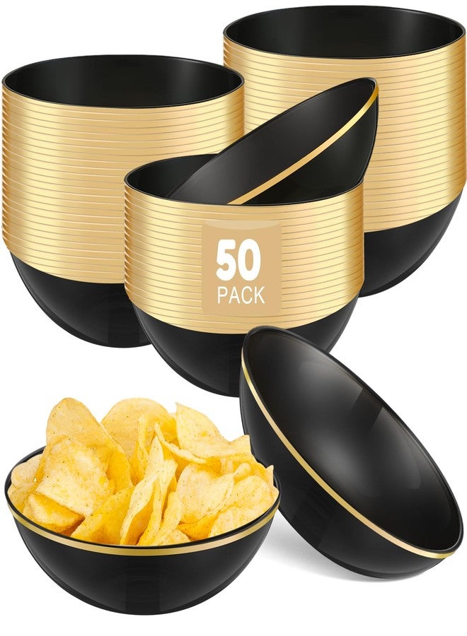 Newtay 50 Pcs Plastic Bowls Bulk 14oz Disposable Bowls with Gold Rim Plastic Party Tableware for Chips Salad Dessert Ice Cream Serving Plates Birthday Wedding Catering (Black) - Image 1