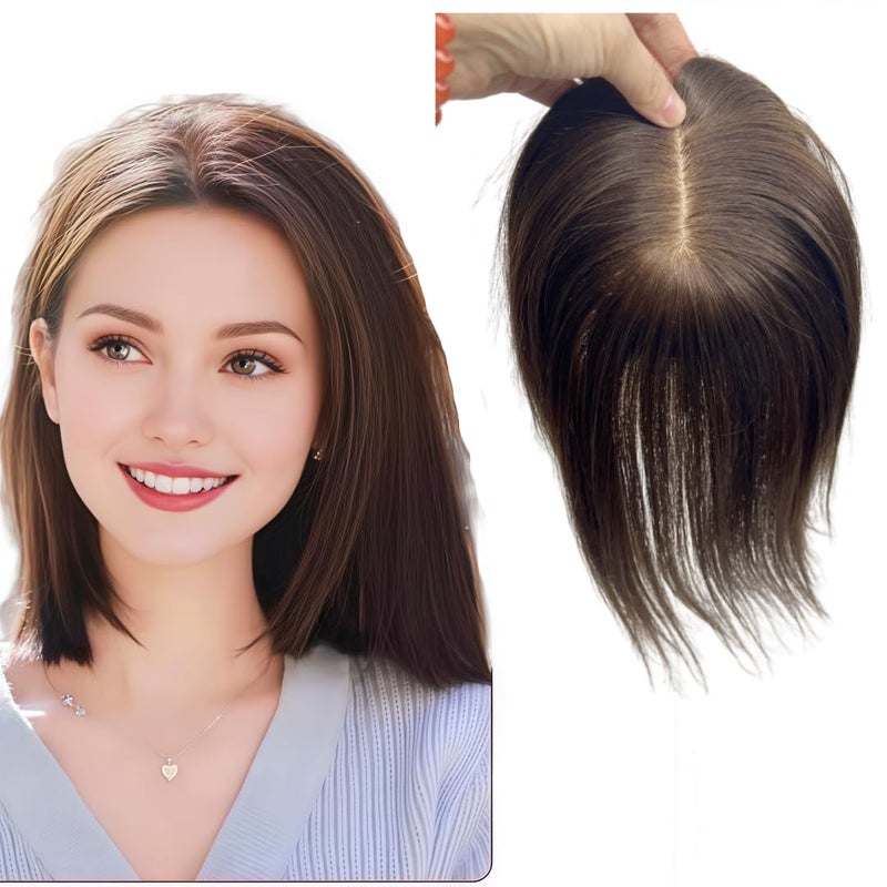 Anemone Silk Base Human Hair Topper For Spot Bald Middle Part Side Bangs Straight Lace Human Hair Partial Wig 5 Clips in Hairpieces Extensions 12X13cm Artificial Scalp 12 inch Dark Brown
