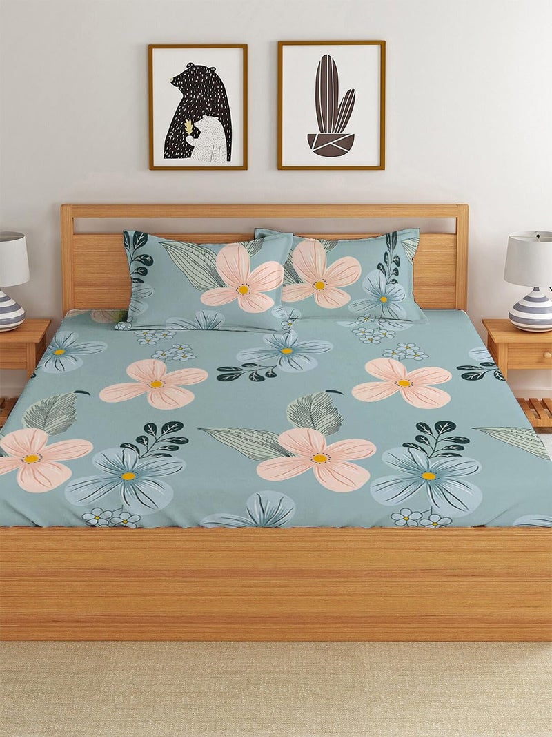 LOOMLYFE 300 TC Cotton Feel Glace Cotton Elastic Fitted Printed King Size Double Bed Bedsheet with 2 Pillow Covers Fits Upto 8 inches Mattress, Size- 72X78 Inches, Skypeachflower - Image 2