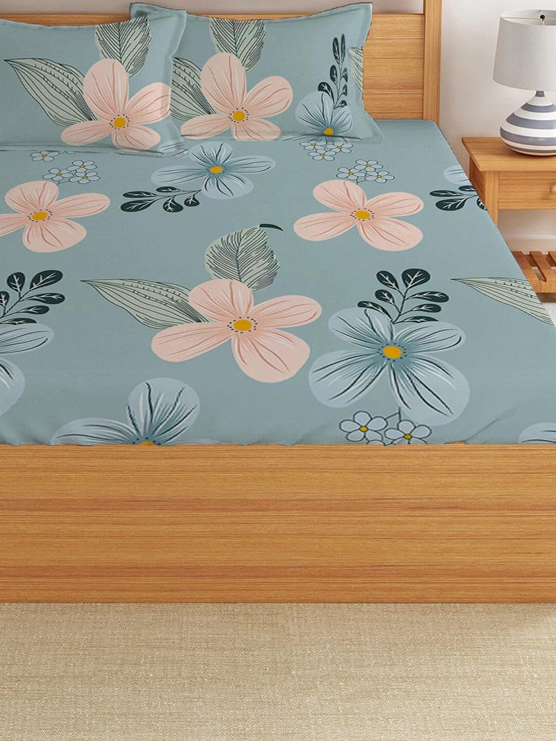 LOOMLYFE 300 TC Cotton Feel Glace Cotton Elastic Fitted Printed King Size Double Bed Bedsheet with 2 Pillow Covers Fits Upto 8 inches Mattress, Size- 72X78 Inches, Skypeachflower - Image 3