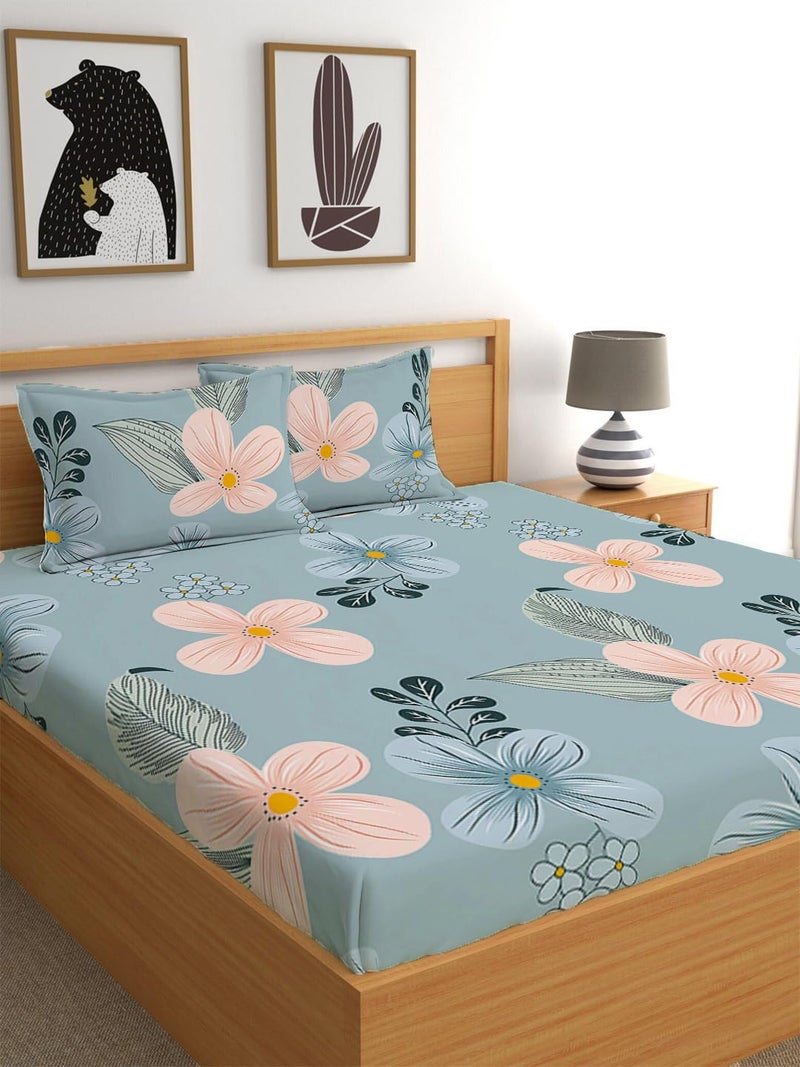 LOOMLYFE 300 TC Cotton Feel Glace Cotton Elastic Fitted Printed King Size Double Bed Bedsheet with 2 Pillow Covers Fits Upto 8 inches Mattress, Size- 72X78 Inches, Skypeachflower - Image 1
