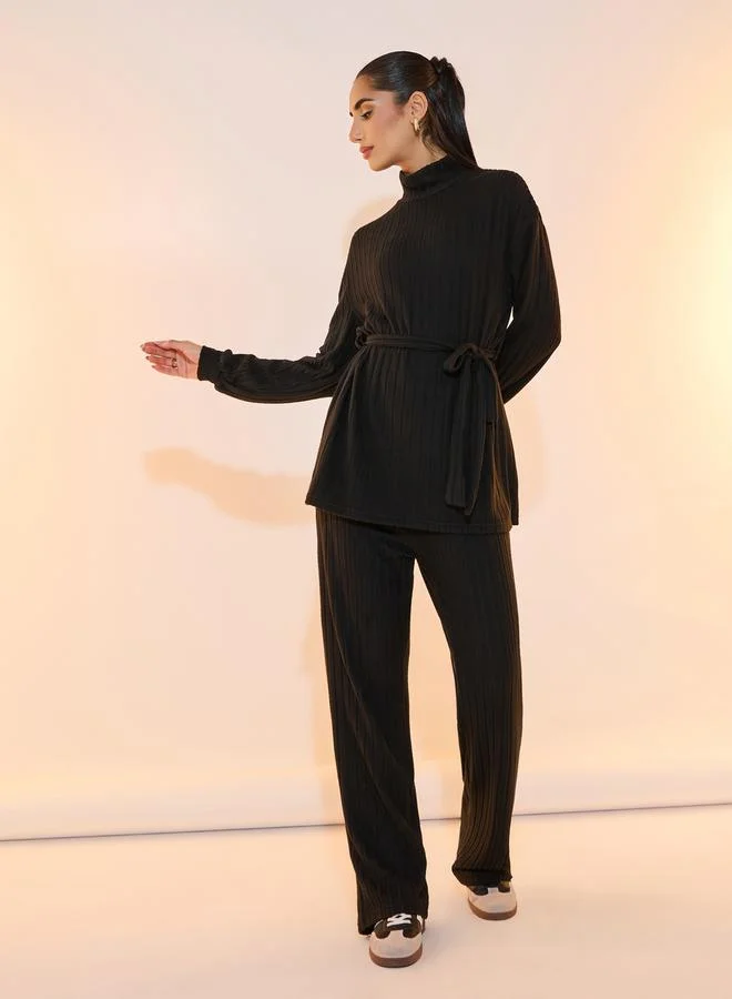 Take Two Solid Rid Knitted Turtle Neck Top & Pants Co-Ords Set