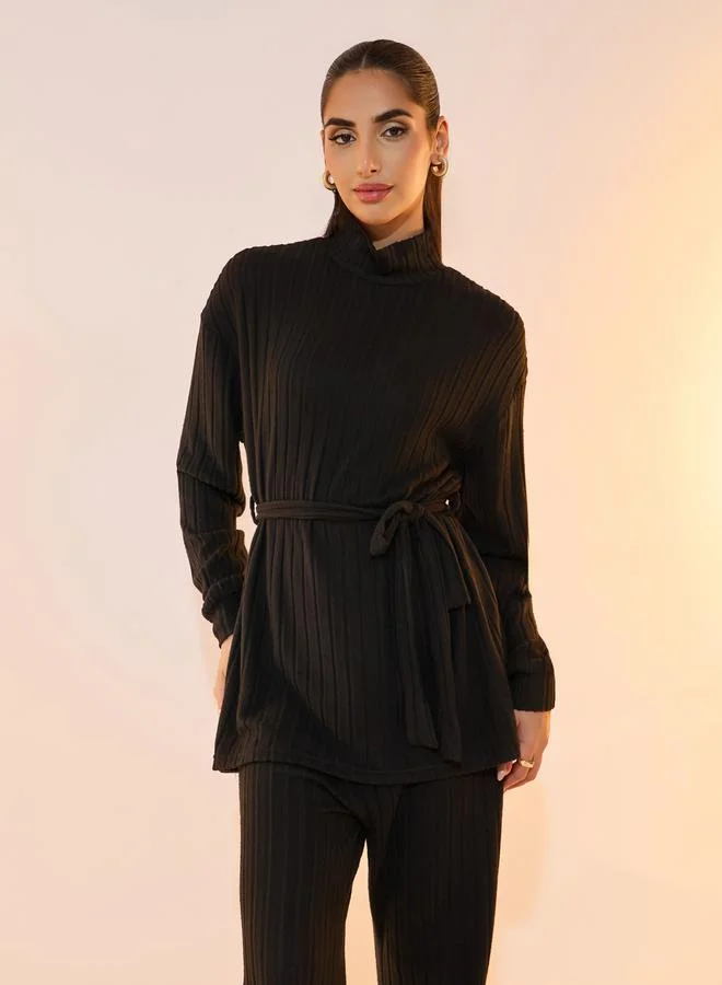 Take Two Solid Rid Knitted Turtle Neck Top & Pants Co-Ords Set