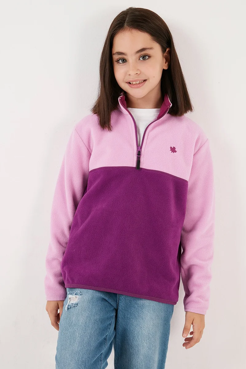 Lela Soft Textured Half Zipper Color Block Stand Collar Fleece Unisex Children's Fleece 5905004
