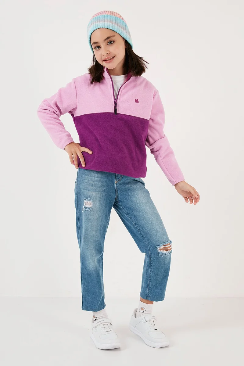 Lela Soft Textured Half Zipper Color Block Stand Collar Fleece Unisex Children's Fleece 5905004