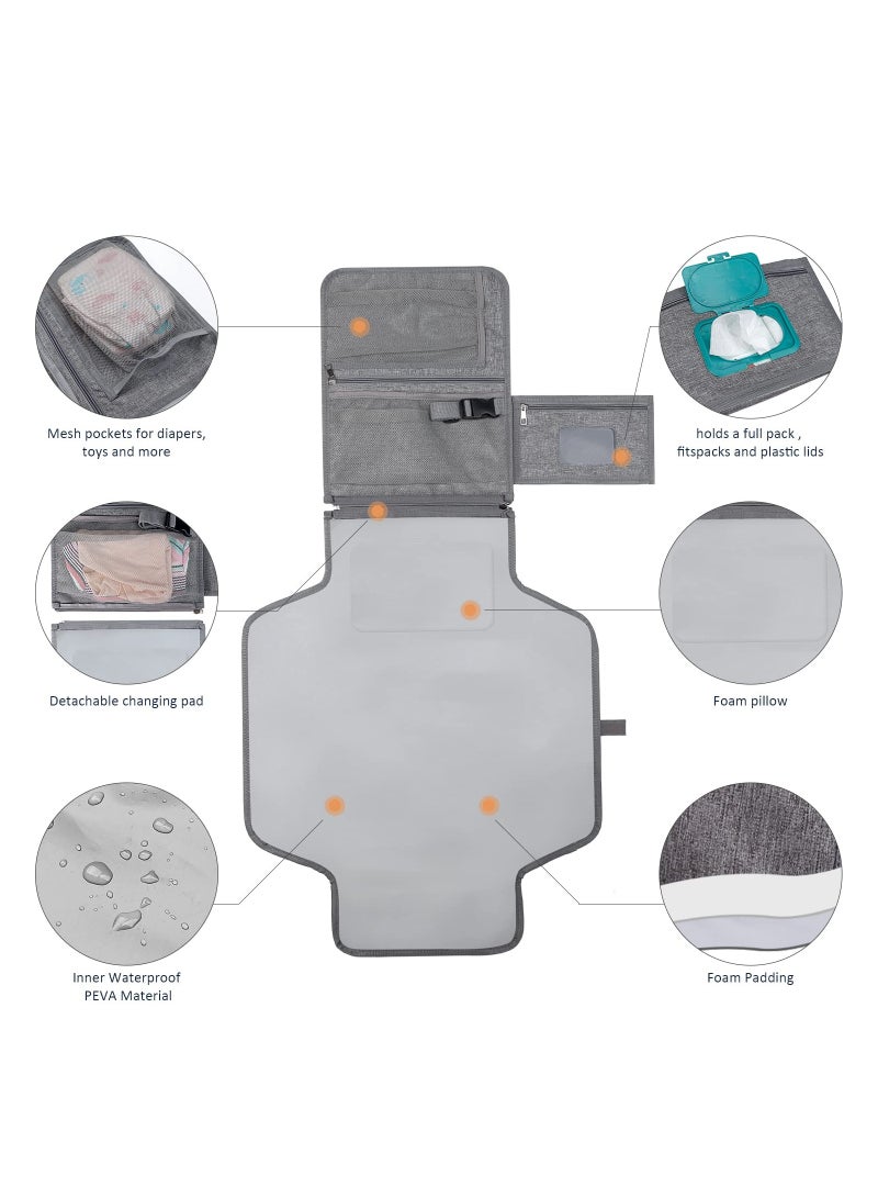 KASTWAVE Baby Portable Diaper Changing Pad Waterproof Detachable Travel Changing Pad with Shoulder Strap and Wipes Pocket Travel Bag Grey - Image 4