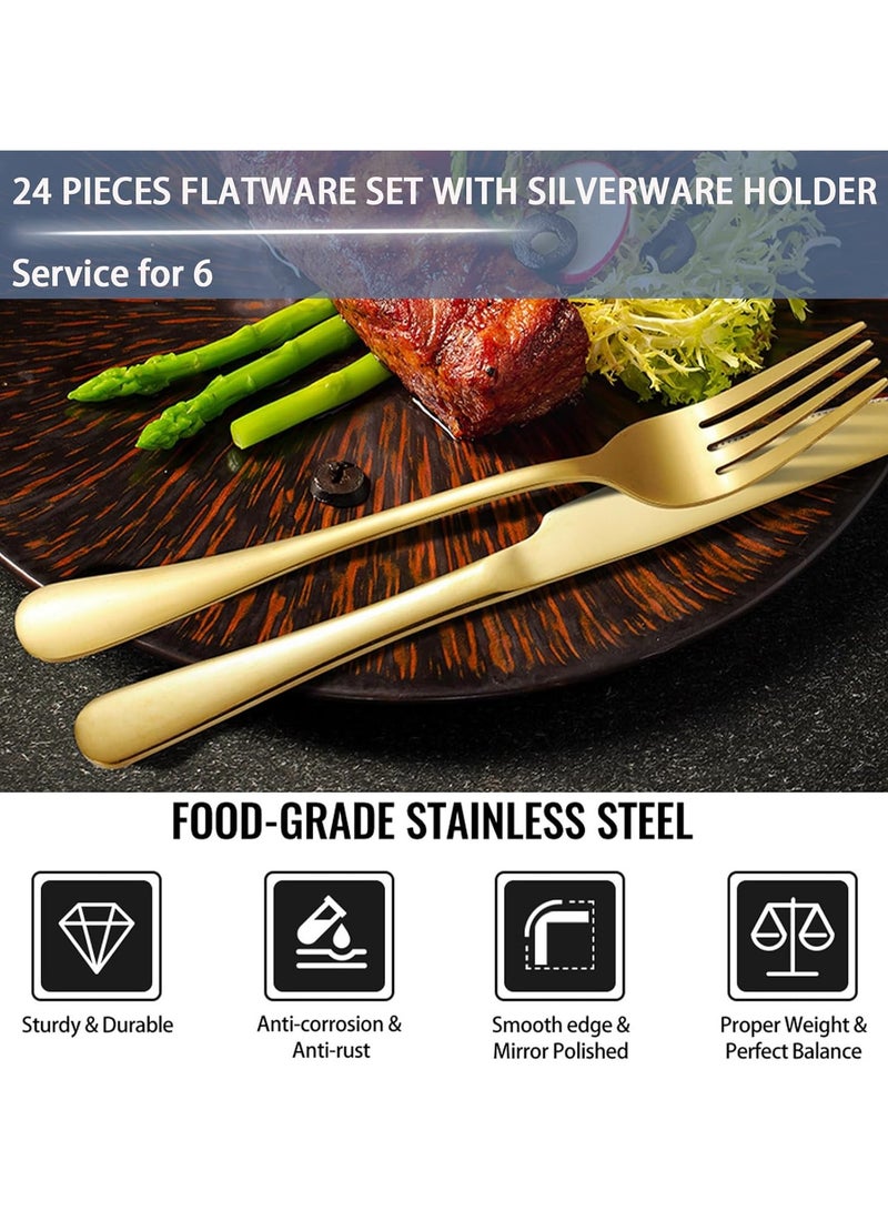 Bukela 24 Pieces Silverware Set, Stainless Steel Flatware Set with Silverware Holder Spoons Forks Knives Set,Utensils Set Service for 6,Cutlery Set for Kitchen (Gold) - Image 4