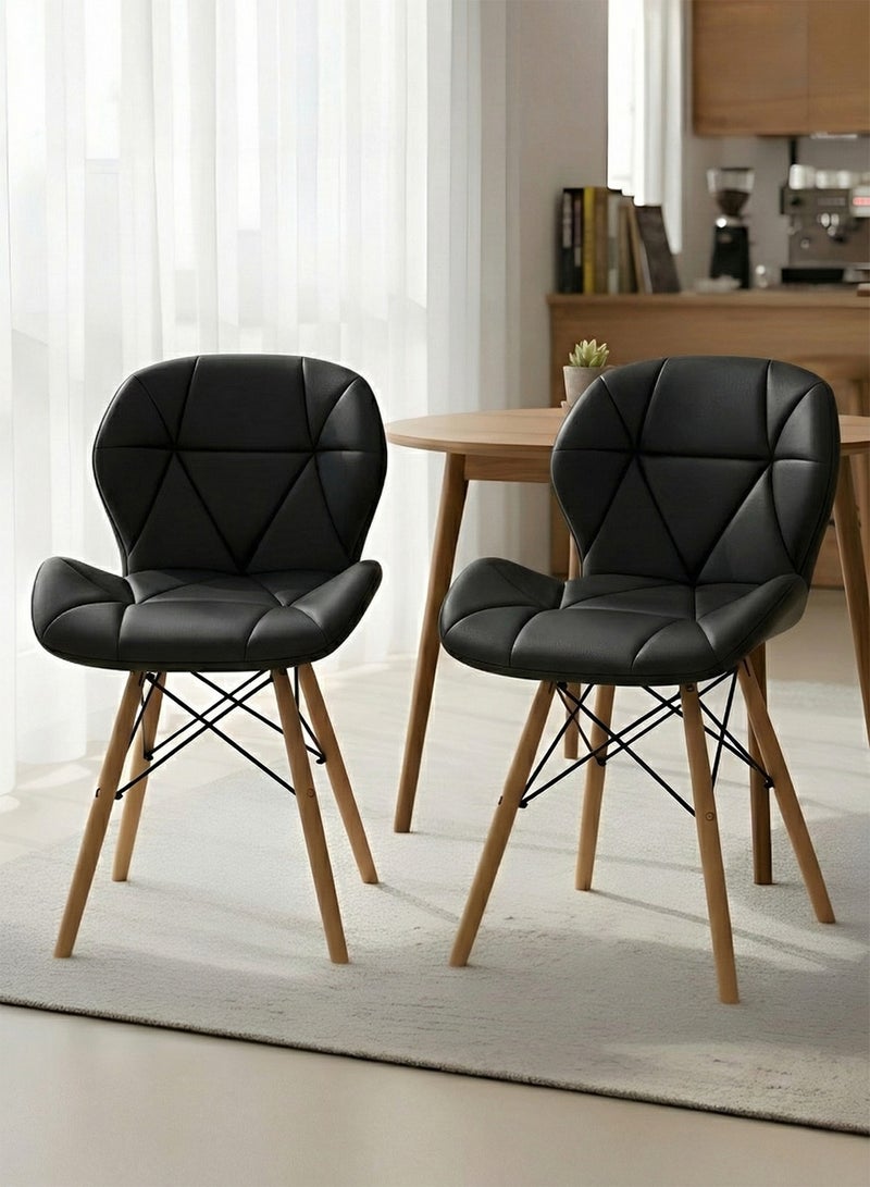 تايمي مجموعة من 2 كرسي طعام عصري من الجلد الصناعي بأرجل خشبيه، كرسي سفرة مريح بمقعد مبطن مثالي لغرفة الطعام وغرفة المعيشة والمكتب - أسود - Image 1