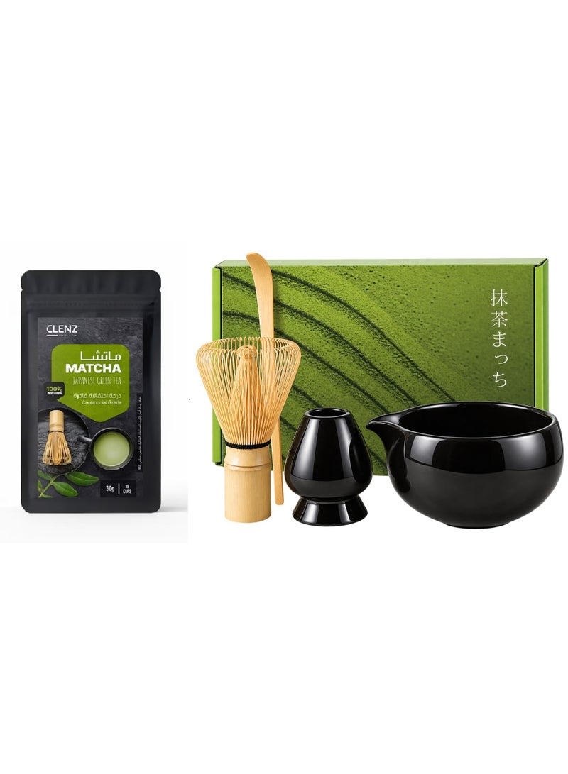 CLENZ Japanese Matcha Tea (30g) with Traditional Brewing and Whisk Set - 4 Pieces, Ceramic and Bamboo - Black - Image 1