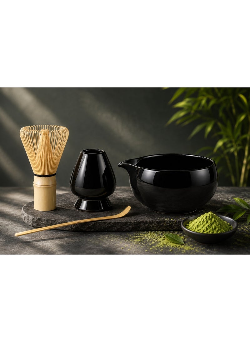 CLENZ Japanese Matcha Tea (30g) with Traditional Brewing and Whisk Set - 4 Pieces, Ceramic and Bamboo - Black - Image 5