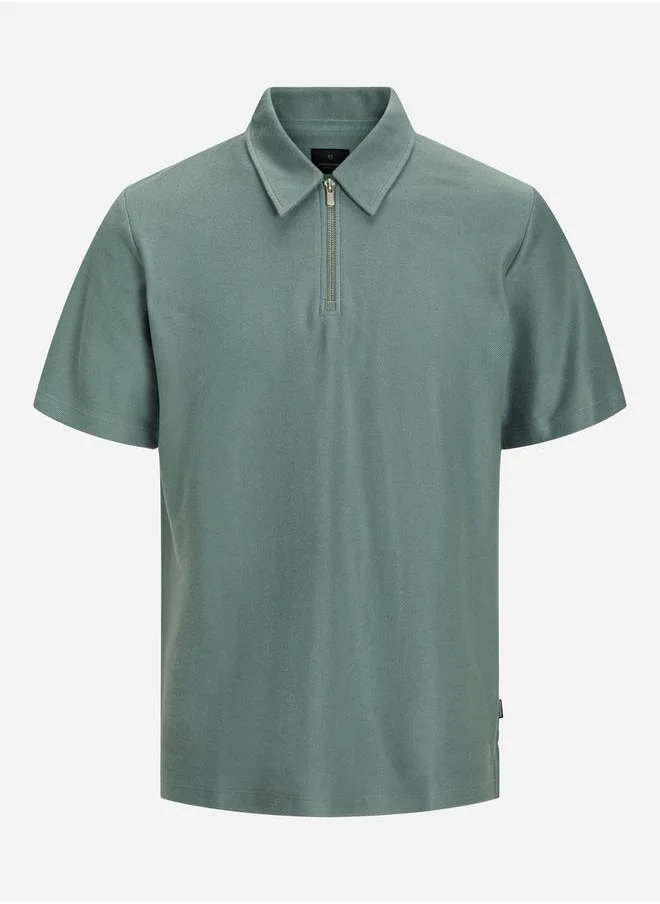 JACK & JONES Solid Regular Fit Half Zip Polo T-Shirt