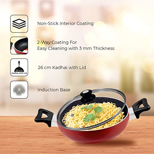 BALTRA 3.5L Nonstick Kadhai with Glass Lid | Induction Bottom, Marble Finish, Durable & Even Heating Cookware for Healthy Cooking Kadai 3mm Thick (26cm, Blue) - Image 2