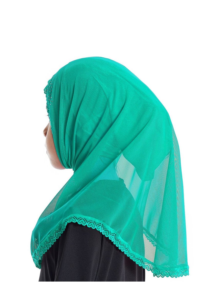Loquat - Girl's Stretch Long Scarf Solid Color Lace Hijab Green - Image 1