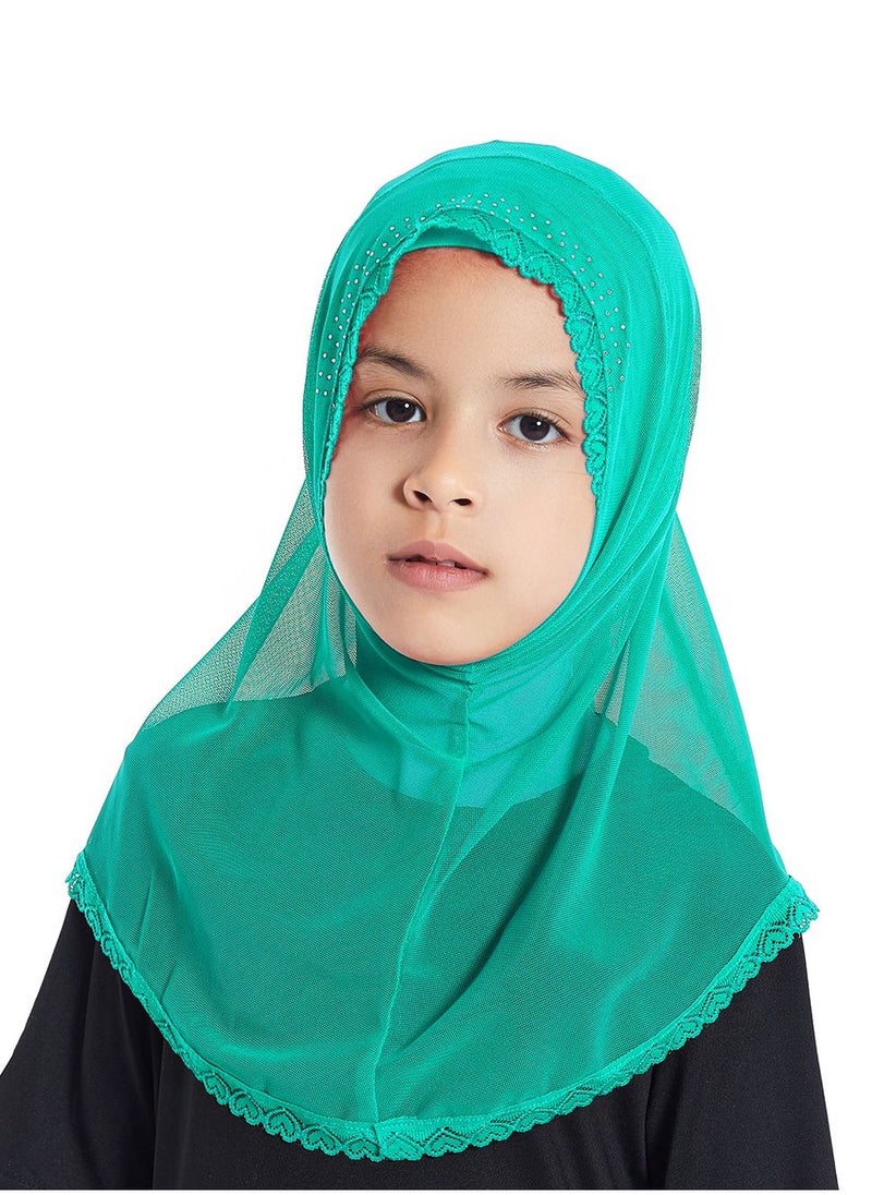 Loquat - Girl's Stretch Long Scarf Solid Color Lace Hijab Green - Image 1