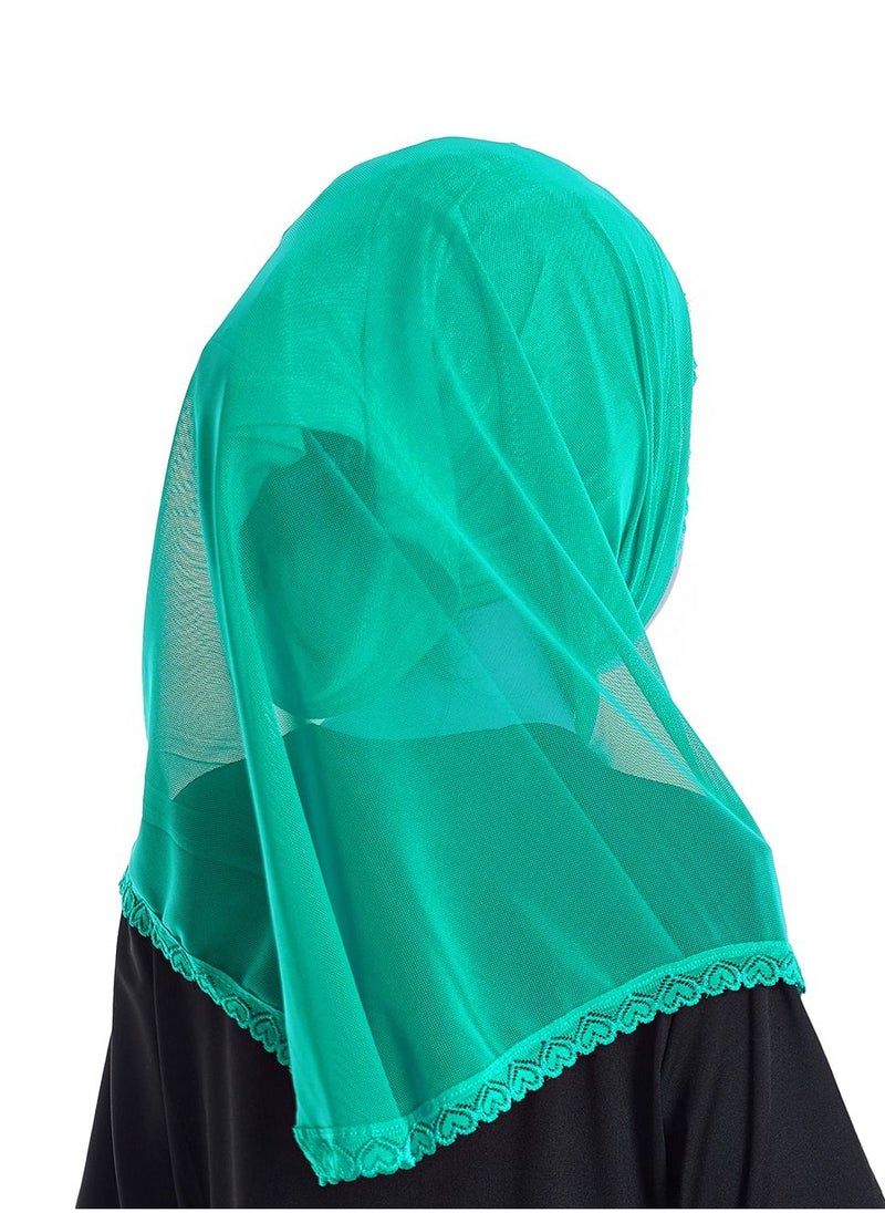 Loquat - Girl's Stretch Long Scarf Solid Color Lace Hijab Green - Image 1
